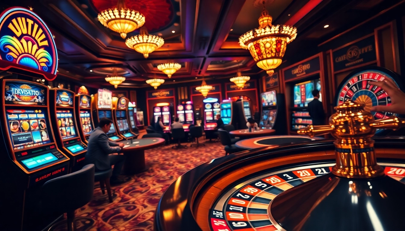 Experience Emas Toto gameplay with focused gamblers at vibrant slot machines and poker tables.