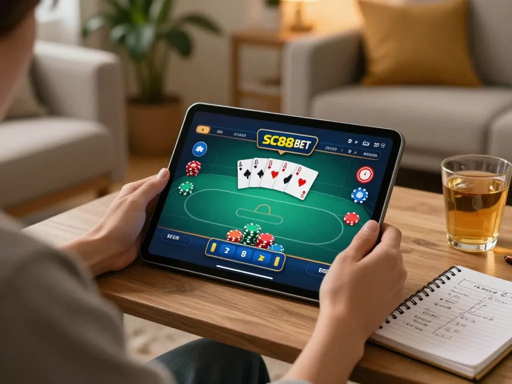 Engaging in SC88 BET with a poker game on tablet, strategic notes nearby for responsible gaming.
