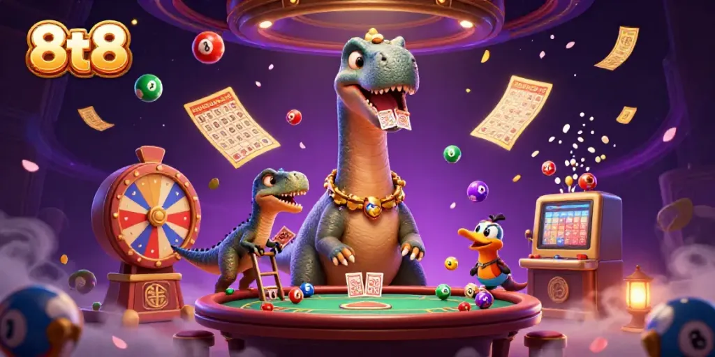8tt8 lively brontosaurus and raptor delivering cards at a vibrant casino scene full of dynamic lottery elements.