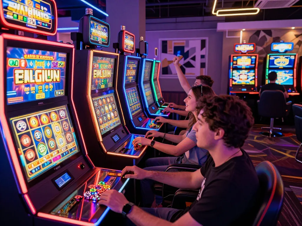 Suasana ruang permainan yang menarik dengan pemain menikmati mesin slot gacor di bawah lampu neon yang cerah.