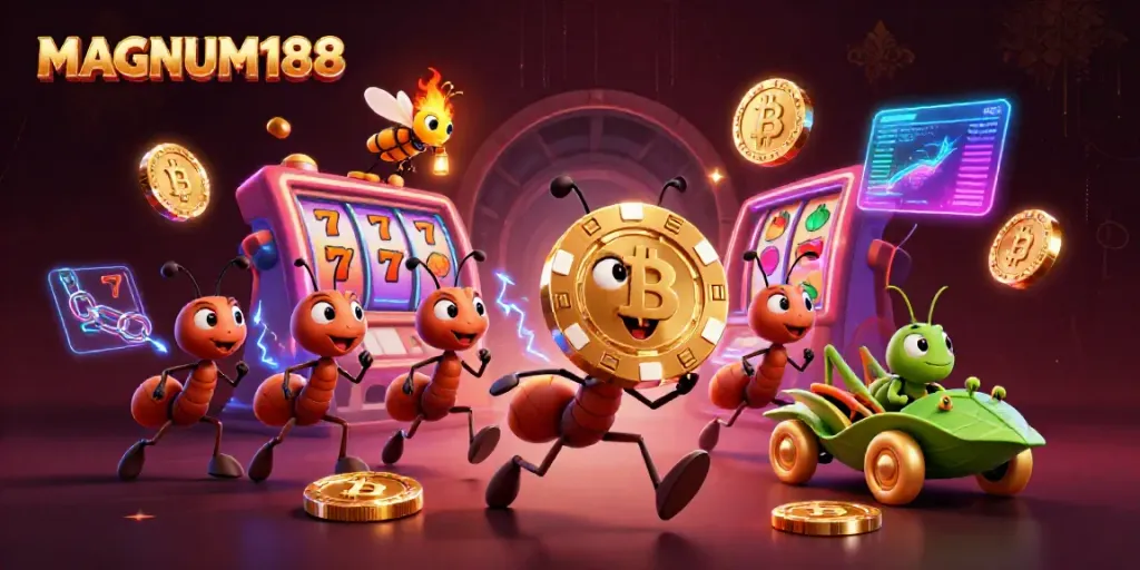 Engage with MAGNUM188 through a vibrant heist scene with ants, poker chips, and casino games.