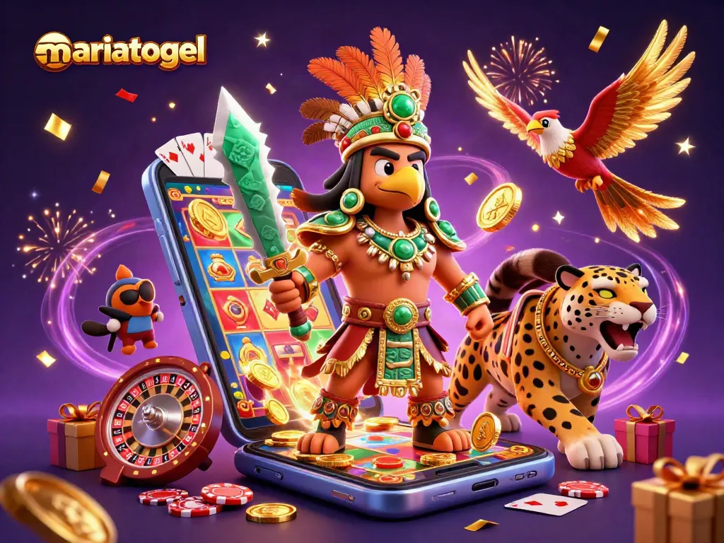 Spin and win at mariatogel with 3D characters enjoying slot games amid vibrant celebration elements.