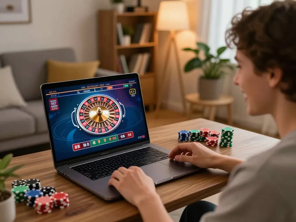 Person playing on ao8 casino from home, engaging in live dealer roulette game with laptop.