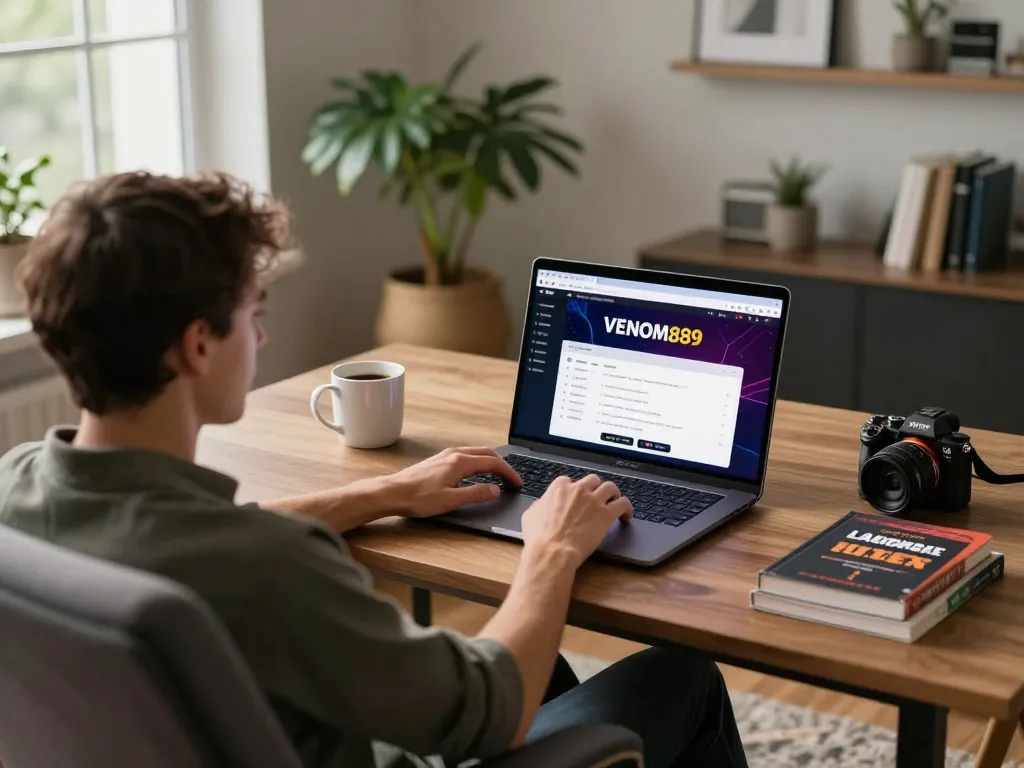 An engaged player using VENOM889 on their laptop in a stylish home office for online gaming strategy.