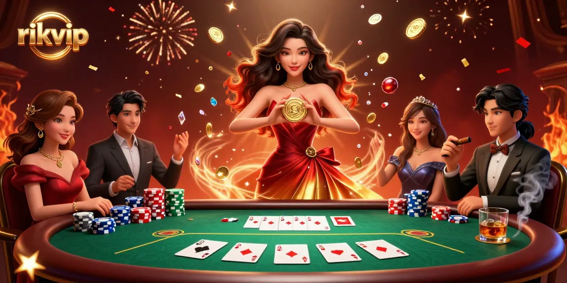 Experience the excitement of rikvip with a stunning 3D casino illustration showcasing thrilling poker action and golden rewards.