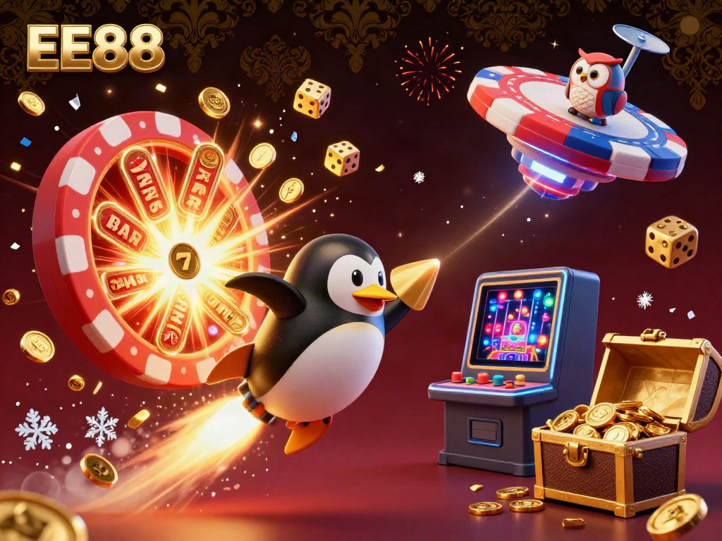 Experience the excitement of EE88 with a golden penguin soaring toward a casino space station amidst vibrant jackpots and game elements.