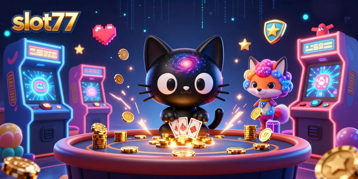 Slot77 menarik chip emas dan kartu dari meja kasino dengan kucing hitam berbentuk lubang hitam yang lucu.
