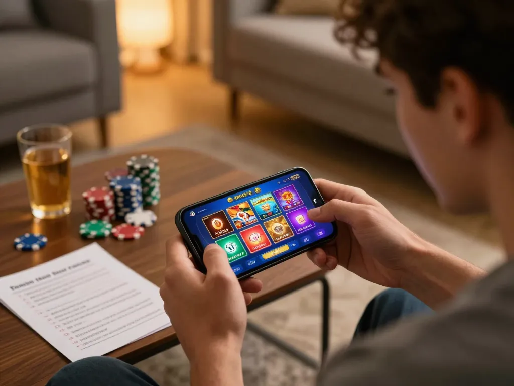 LGO99 player engaging with mobile casino app in a cozy home setting with vibrant visuals