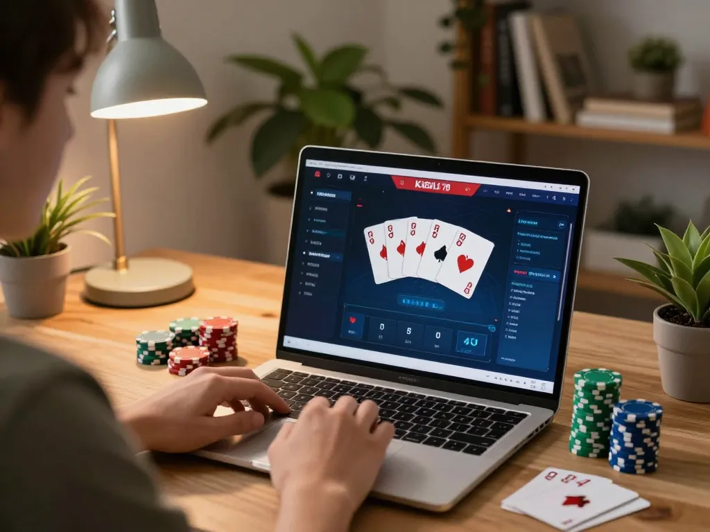 KADAL778 online poker gameplay showing cards and chips in a cozy home environment for responsible gaming.