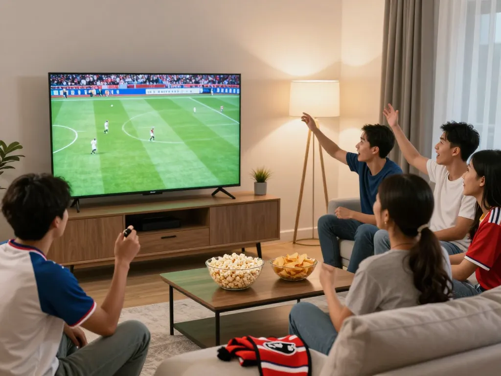Cà Khịa football fans enjoying a live match in a cozy living room