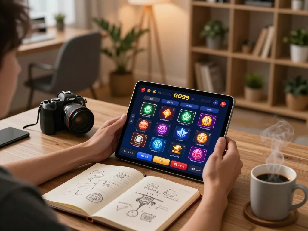 Engaged player using the GO99 app on a tablet, showcasing colorful casino games in a modern home setup.