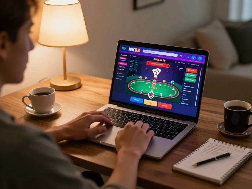 Player engaging with NK88 online casino interface on laptop, showcasing an interactive gaming experience