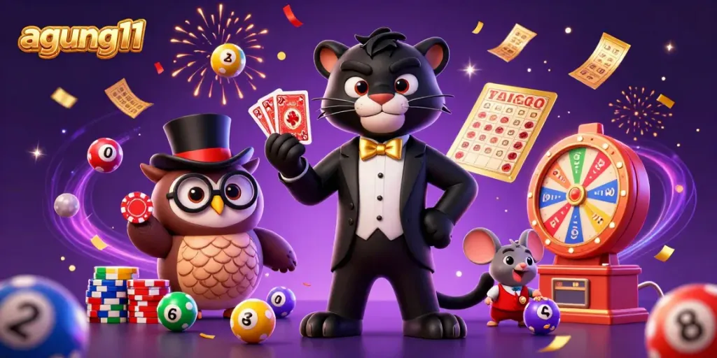 Engage in thrilling gambling with Agung11's vibrant 3D illustration featuring a stylish panther dealing cards.