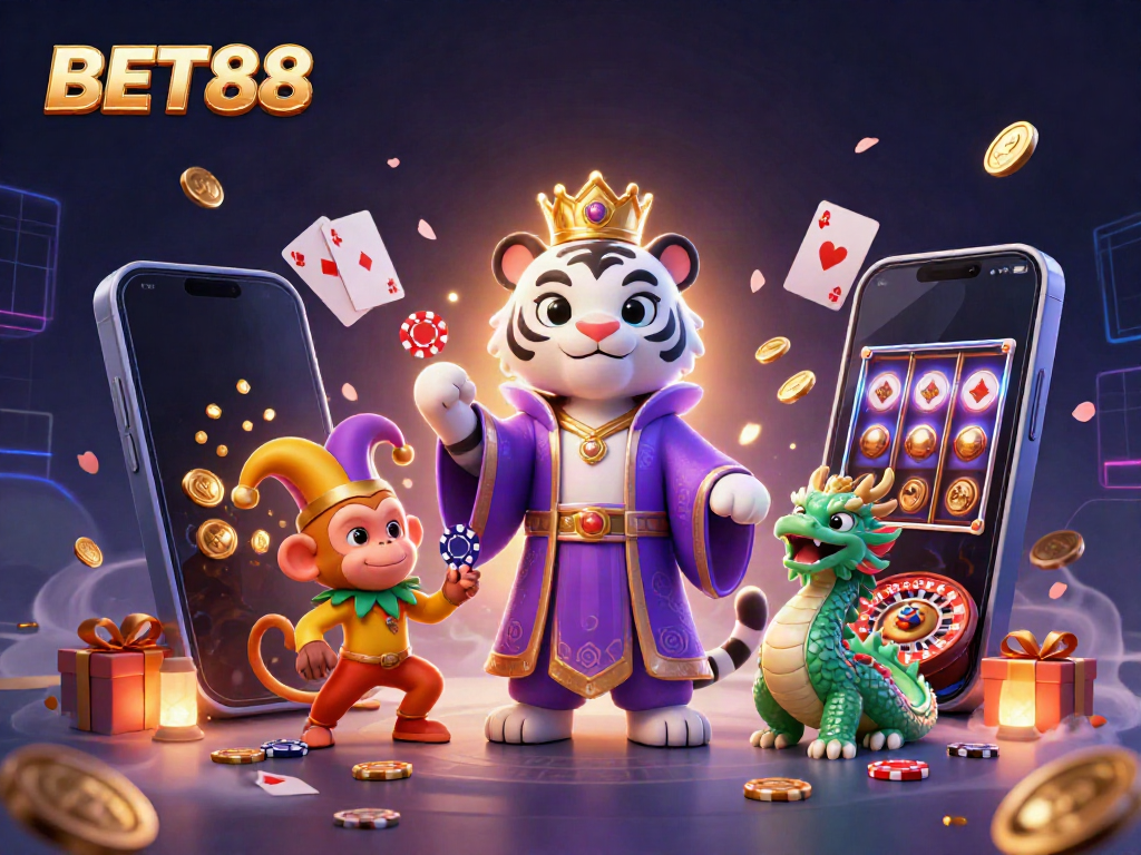 Engaging BET88 casino scene featuring a tiger, monkey, and dragon with vibrant gaming elements