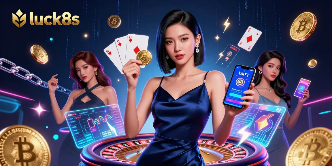 Experience the thrill of luck8s as a confident woman holds casino app and golden chip.