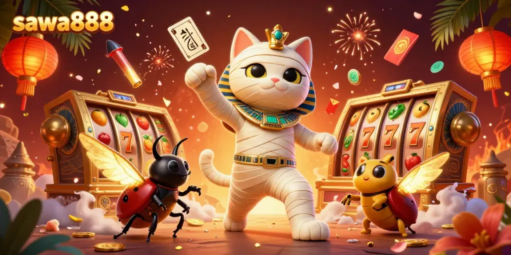 Experience thrilling gaming at sawa888 with an Egyptian mummy cat in a colorful casino.