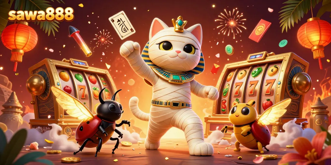 Experience thrilling gaming at sawa888 with an Egyptian mummy cat in a colorful casino.