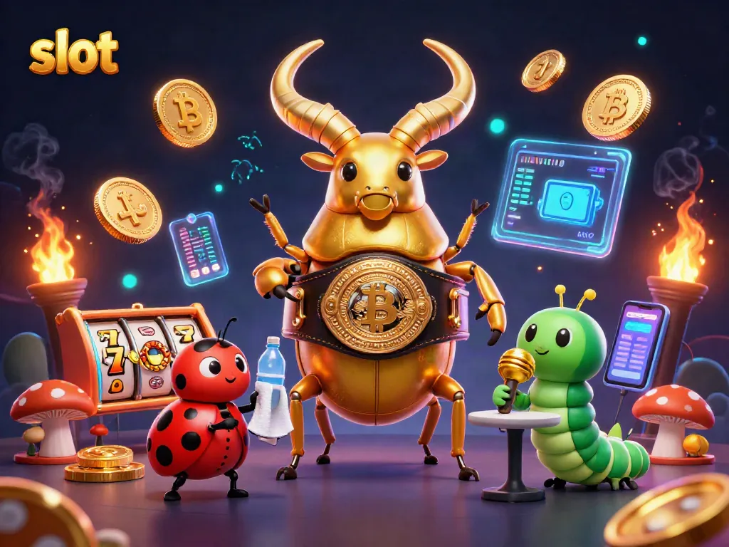 Experience the thrill of slot games with vibrant 3D illustration featuring a giant beetle champion and dynamic casino elements.