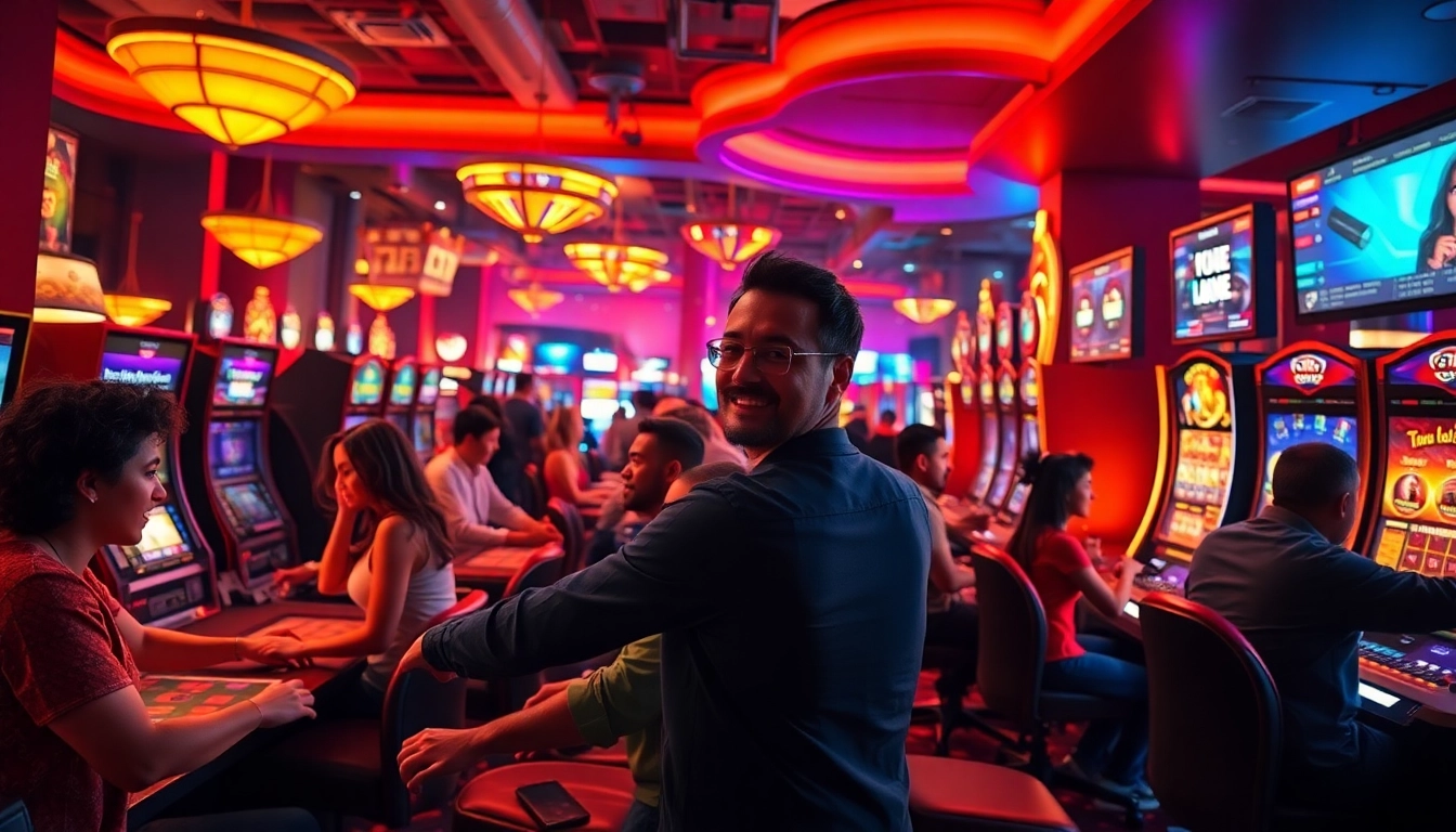 Twin68's dynamic casino scene showcasing excitement in gaming with players at poker and slot machines.