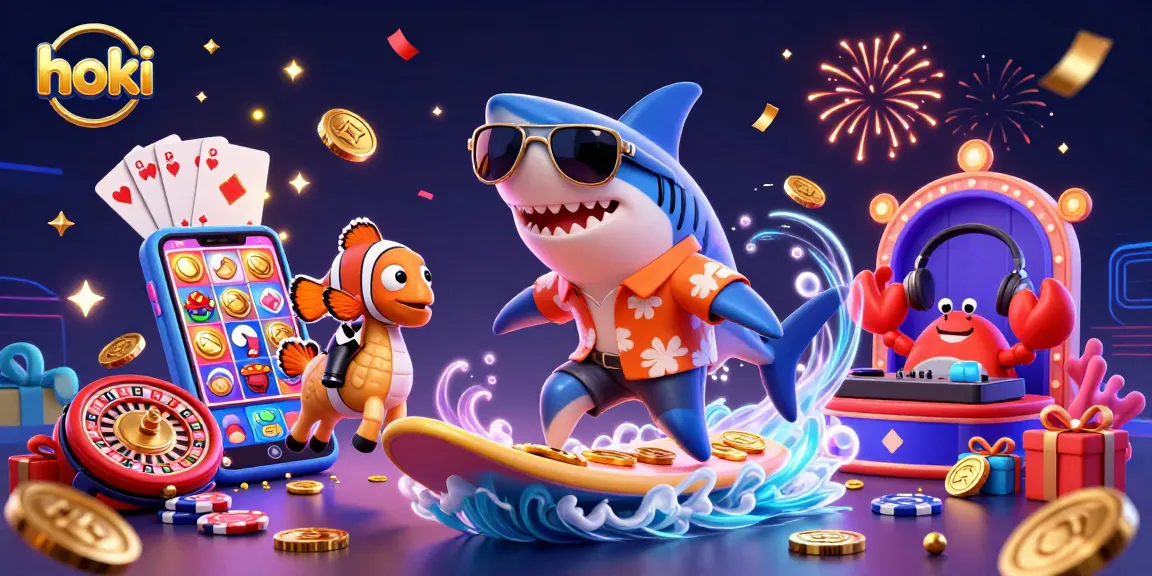 Engage with hoki players through vibrant slots, featuring a surfing shark and dynamic slot game elements.