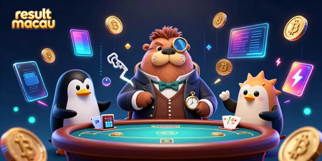 Menampilkan hasil result macau dengan walrus kartun di meja poker bawah laut.