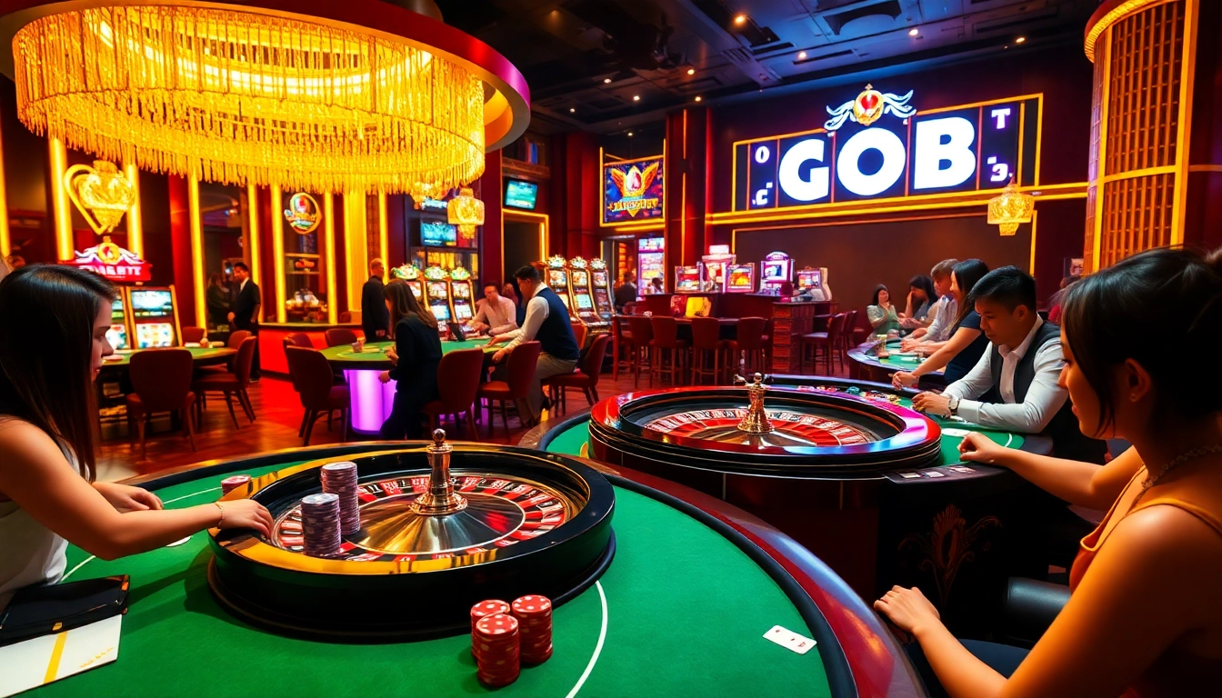 Players strategizing at GO8 casino tables with vibrant poker chips and roulette wheel.