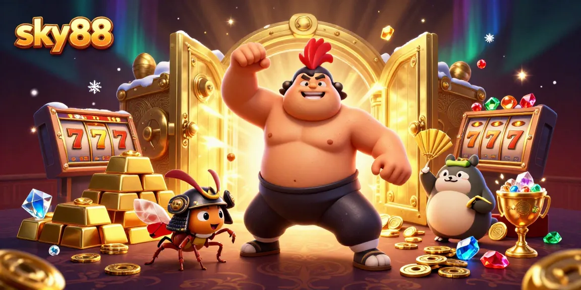 Experience the excitement of sky88 with a dynamic 3D casino scene featuring powerful characters and dazzling wealth.