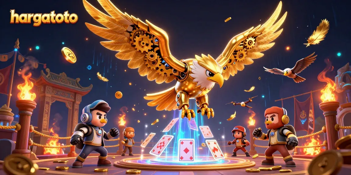 Hargatoto menyajikan ilustrasi 3D permainan dengan elang cybernetic dan kartu remi holografik yang mendebarkan.