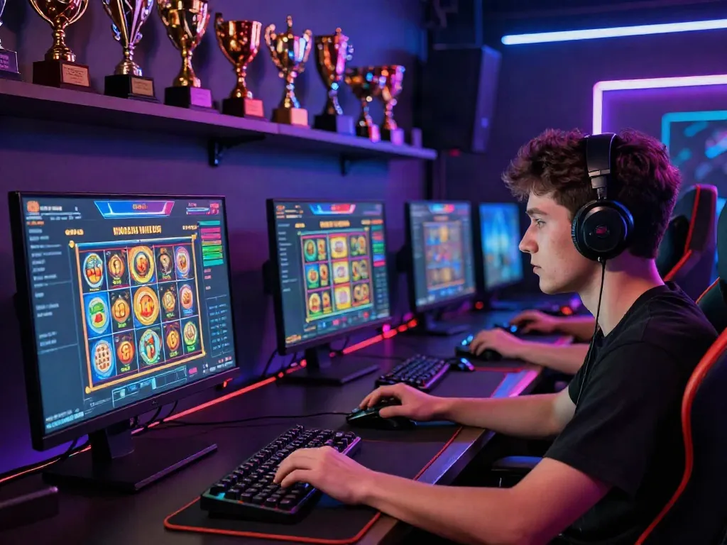 Ruang bermain slot88 online yang menarik dengan pemain fokus pada layar, perangkat gaming, dan suasana LED yang mendukung.