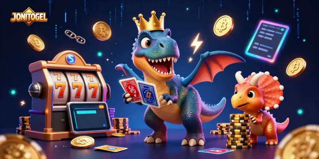 Experience the thrill of JONITOGEL with dynamic characters and casino elements in an electric illustration.