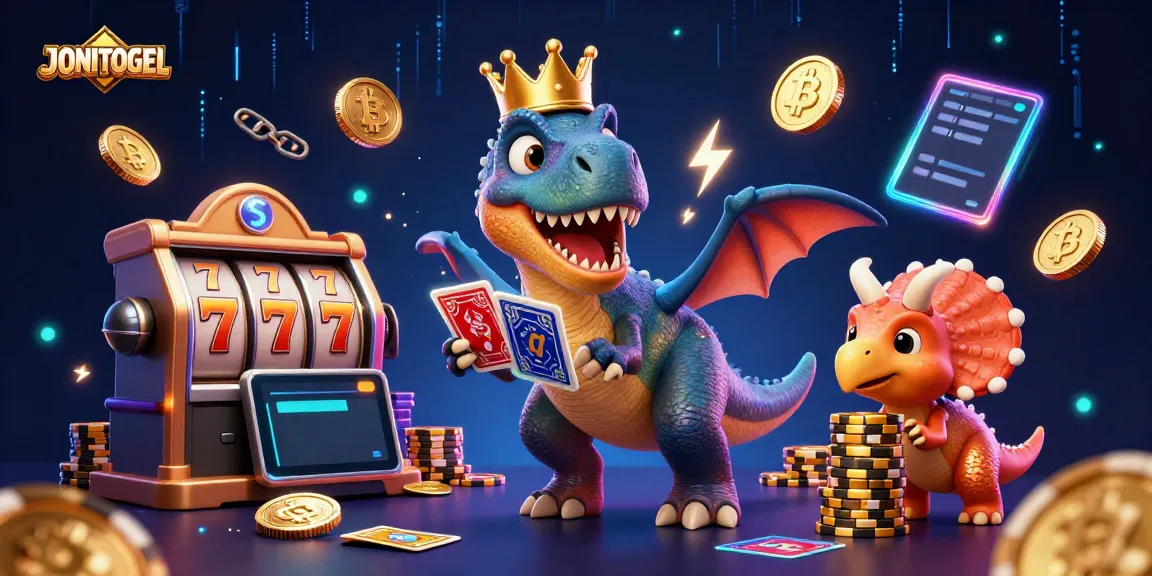 Experience the thrill of JONITOGEL with dynamic characters and casino elements in an electric illustration.