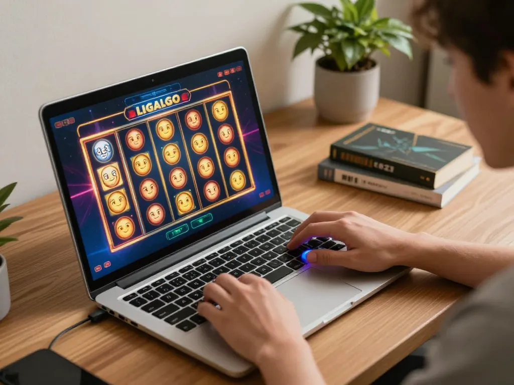 LIGALGO player spinning the reels on a laptop in a cozy home setting.