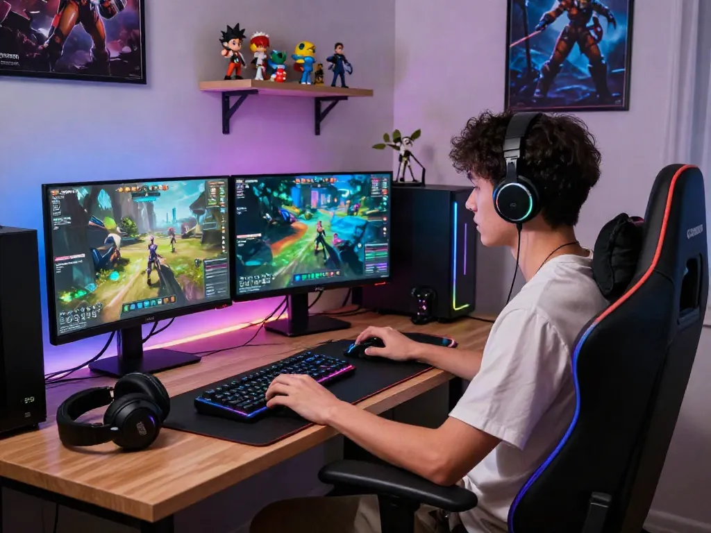 Gamer serius menggunakan perangkat lunak di set gaming dengan tampilan monitor, fokus pada bukumimpi138.