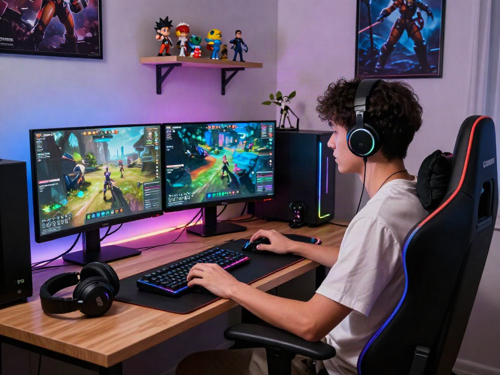 Gamer serius menggunakan perangkat lunak di set gaming dengan tampilan monitor, fokus pada bukumimpi138.