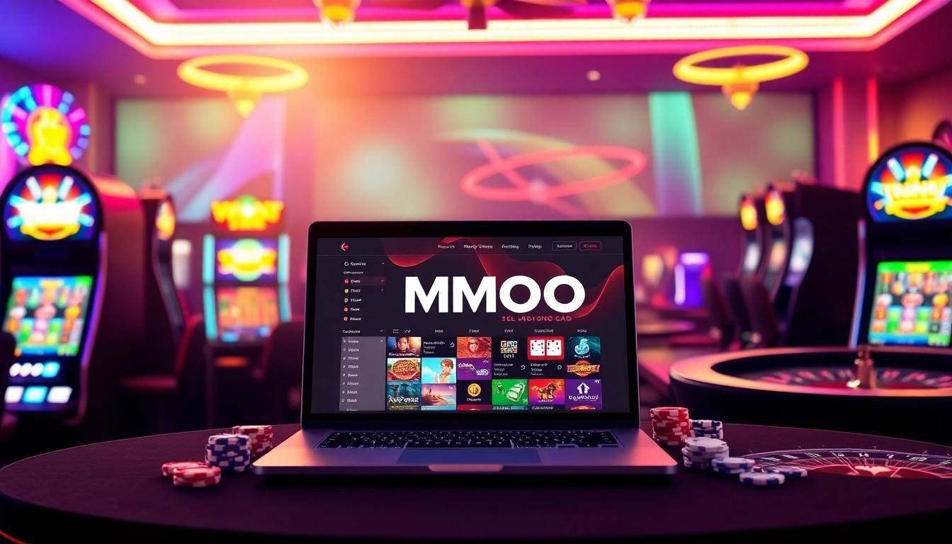 MMOO online gaming interface amidst vibrant casino elements for excited gamblers.