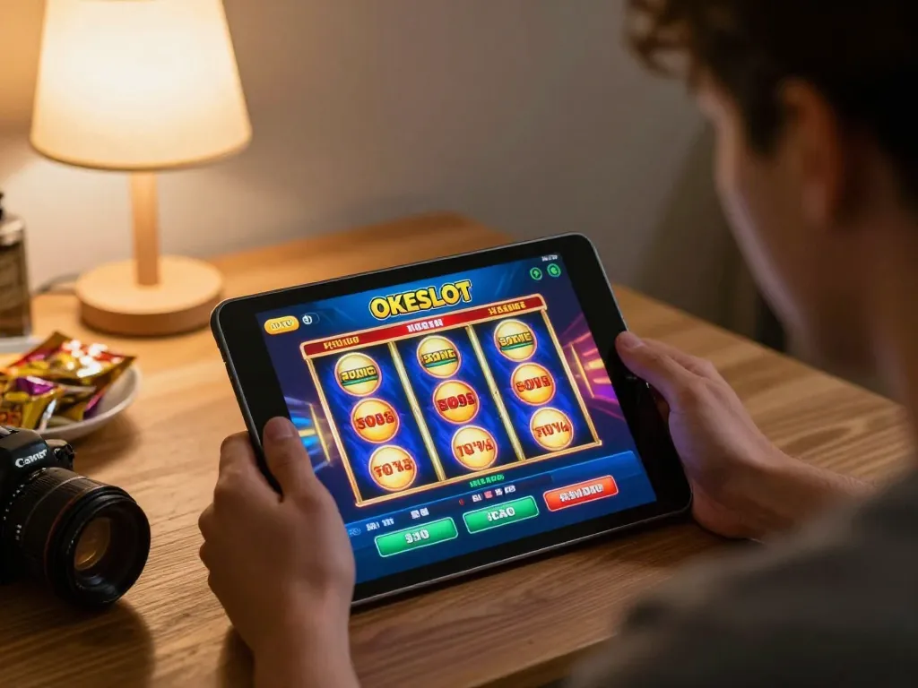 Player enjoying an engaging gaming session on OKESLOT mobile app at home, showcasing strategic gameplay.