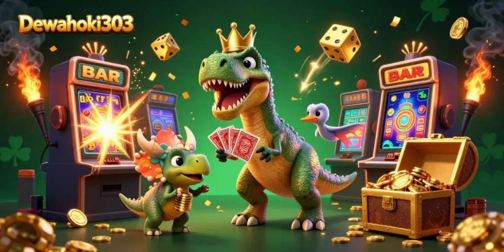 Permainan slot yang menarik di Dewahoki303 dengan dinosaurus lucu dan simbol keberuntungan.