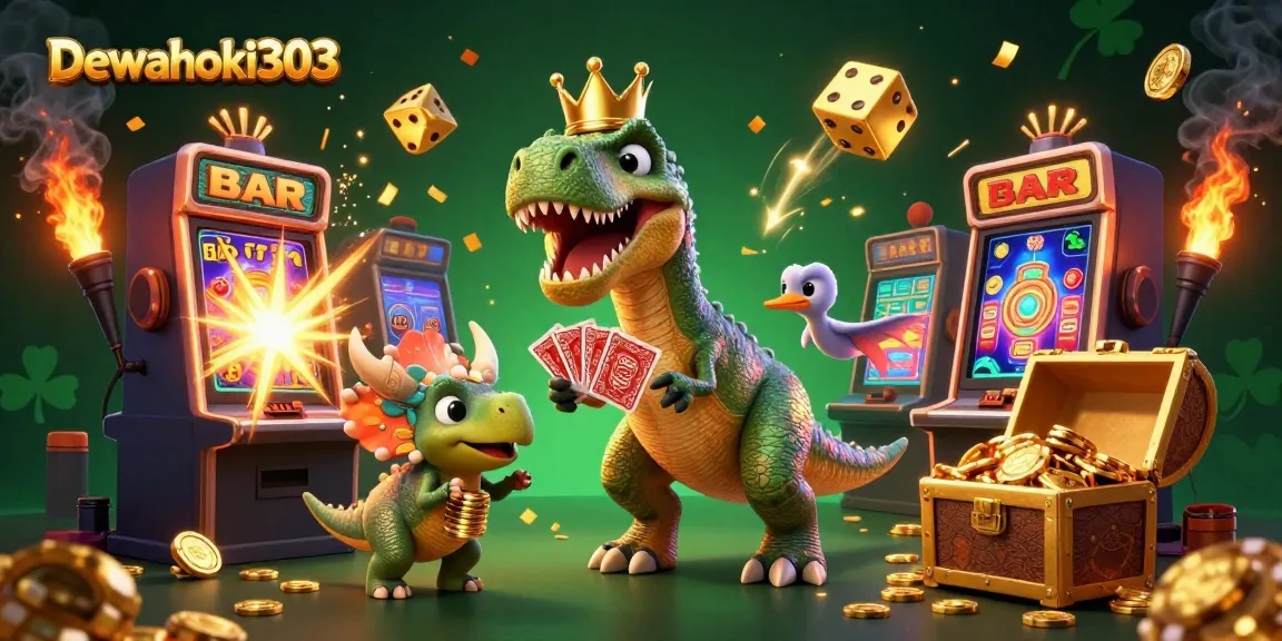 Permainan slot yang menarik di Dewahoki303 dengan dinosaurus lucu dan simbol keberuntungan.