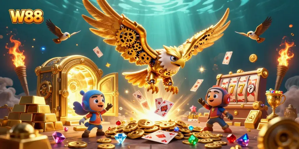 Experience W88's vibrant gaming world with a dynamic illustration featuring treasure and holographic symbols.