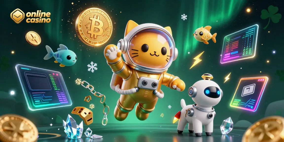 Explore the exciting world of an online casino with a golden space cat, robot dog, and crypto elements.