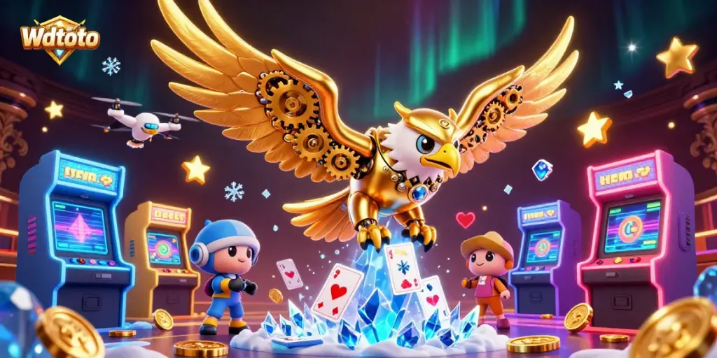 Menghadirkan Wdtoto, seekor elang emas cybernetic terbang di antara kartu bermain holografik dan mesin arcade.