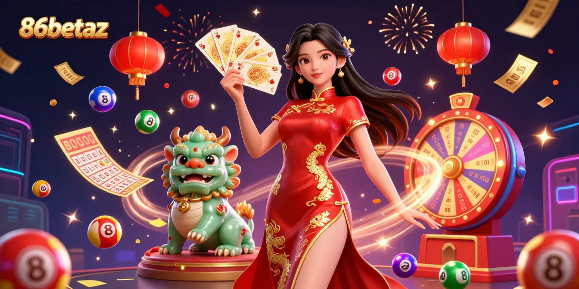 Engage with the vibrant world of 86betaz through a dynamic 3D casino illustration with colorful gaming elements.