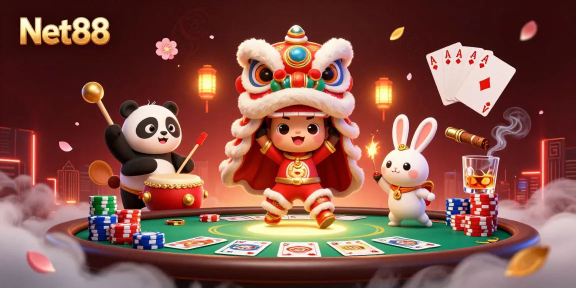 Engage in thrilling gameplay at Net88 with vibrant poker and festive characters.