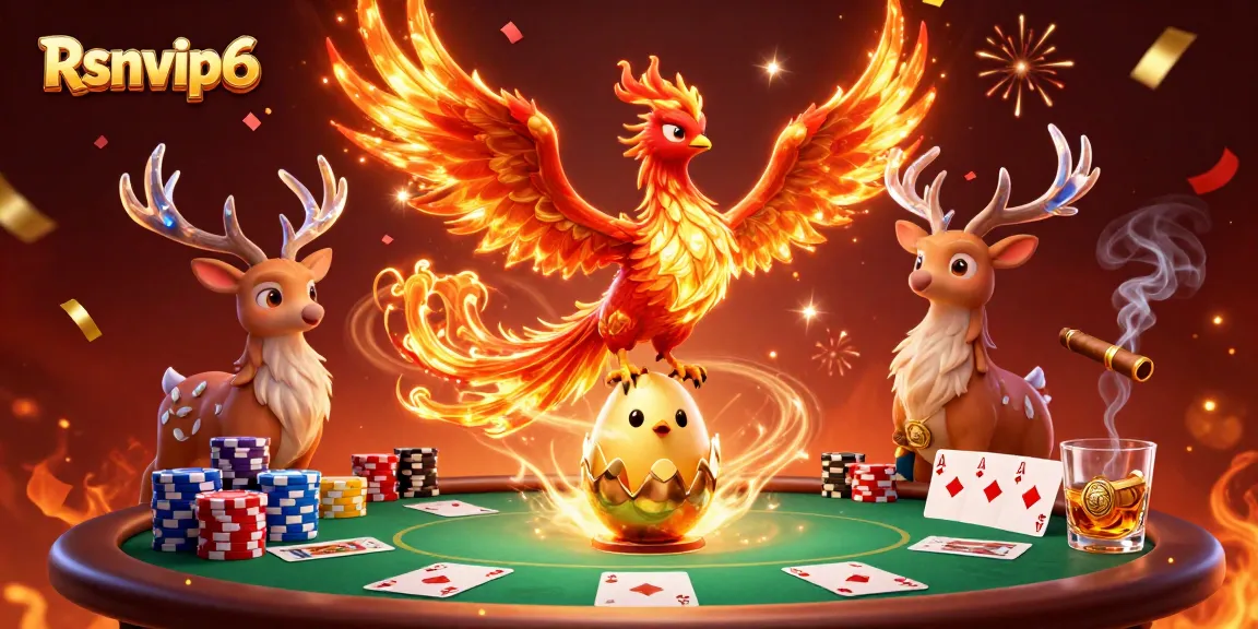 Rasakan dunia mendebarkan Rsnvip6 dengan suasana kasino 3D yang cerah menampilkan seekor phoenix dan elemen poker.