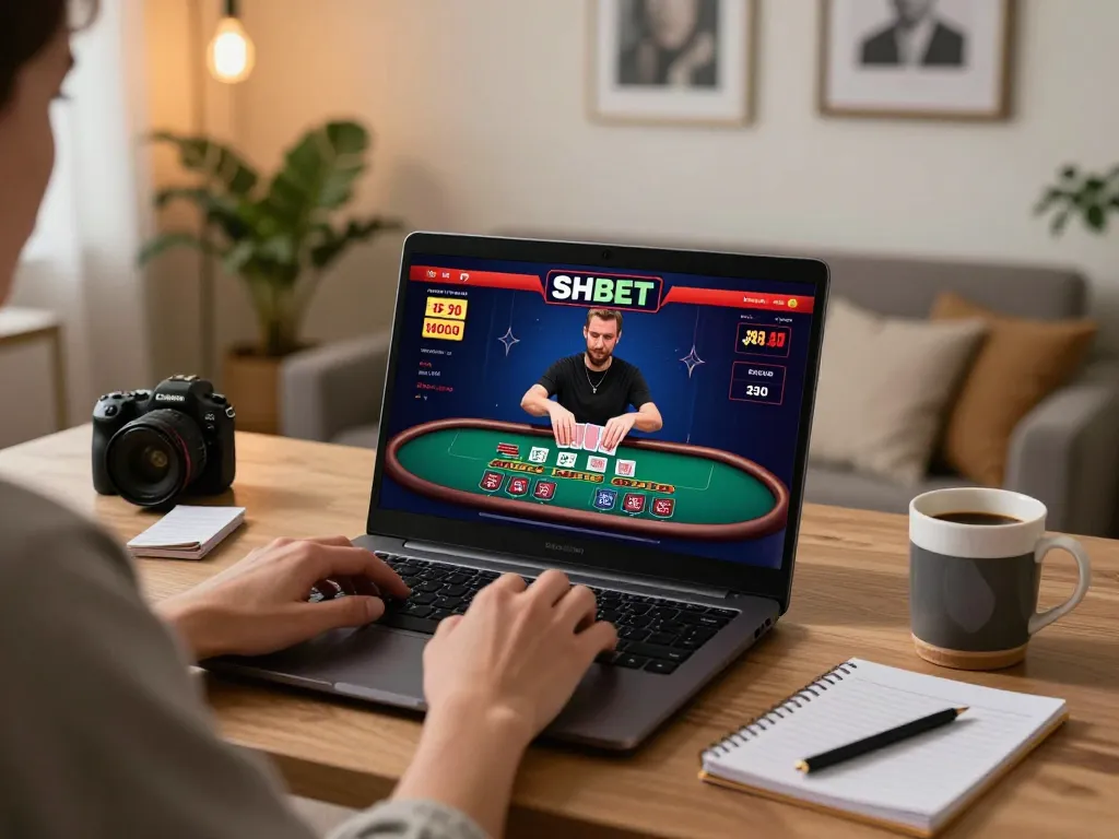 Engaged player experiencing SHBET online casino blackjack at home with strategic notes.