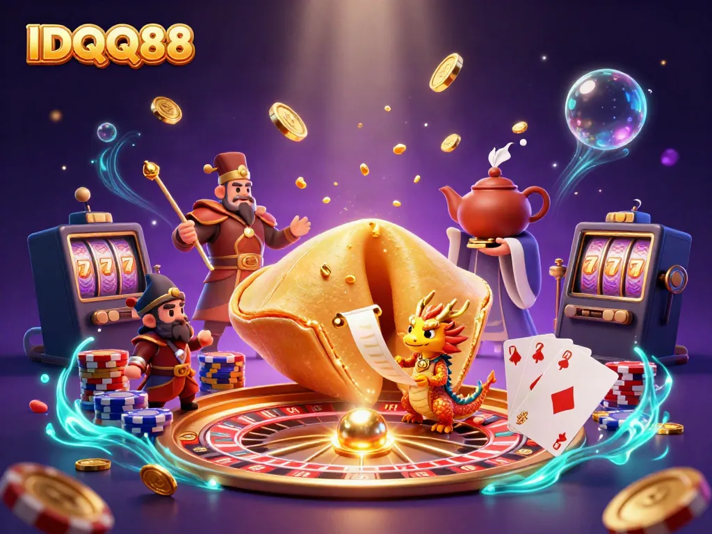 Experience the magic of IDQQ88 with vibrant 3D casino elements and characters amid a golden fortune.
