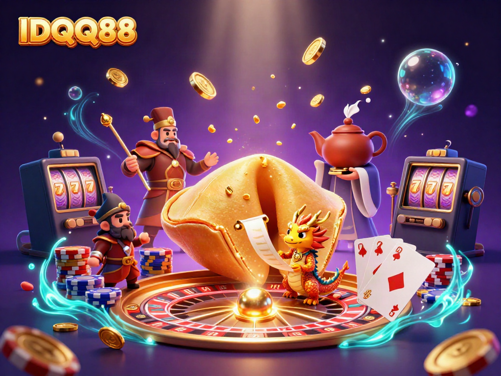 Experience the magic of IDQQ88 with vibrant 3D casino elements and characters amid a golden fortune.