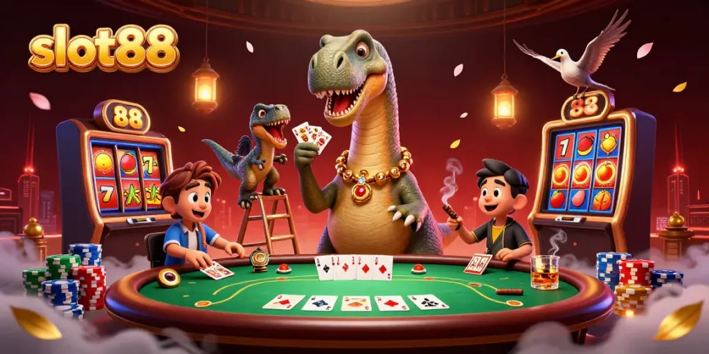 Experience thrilling slot88 entertainment with a playful dinosaur scene in a vibrant casino setting.