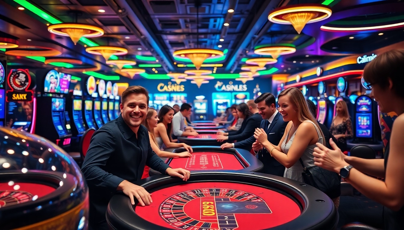 Pemain bersemangat di mildcasino dengan dealer tersenyum dan mesin slot berwarna-warni.