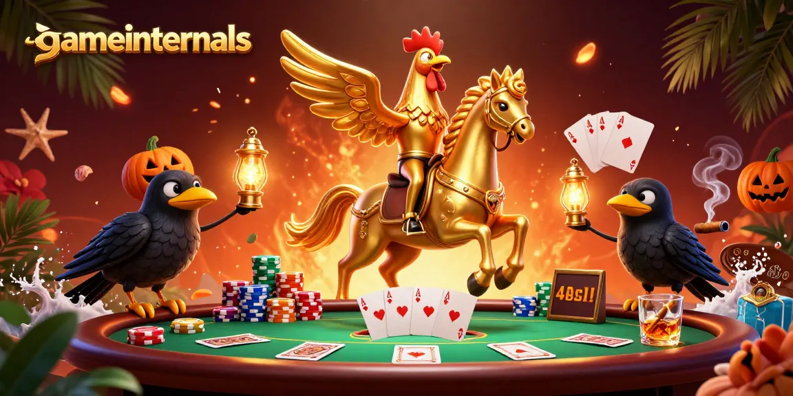 gameinternals reveals winning strategies in a vibrant casino scene with a headless golden rooster and crow companions.